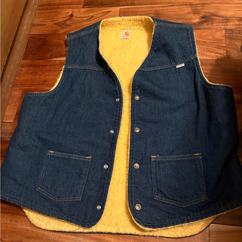 Vintage Carhartt Denim Sherpa Lined Vest USA Made Workwear Western XL Tall - Picture 2 of 10